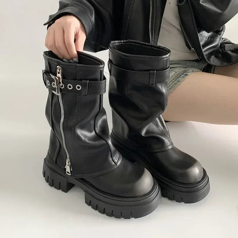 LEDP Women's Platform Biker Boots – Belt Buckle Mid-Calf Zip-Up Winter Boots