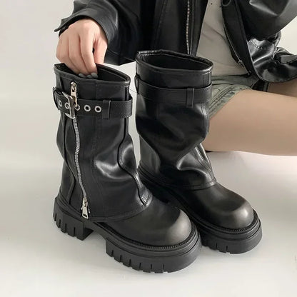 LEDP Women's Platform Biker Boots – Belt Buckle Mid-Calf Zip-Up Winter Boots