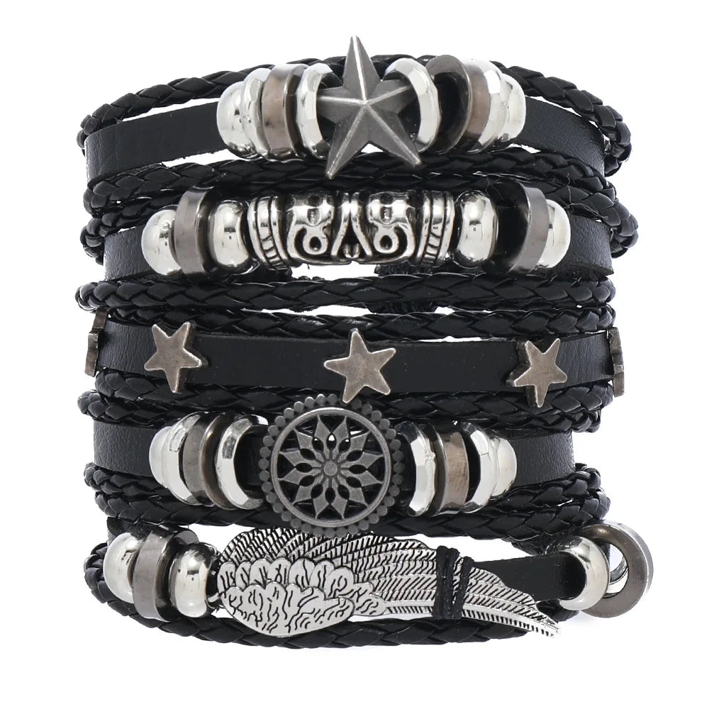 Men's Viking Leather Bracelet Woven Skull Adjustable Cuff