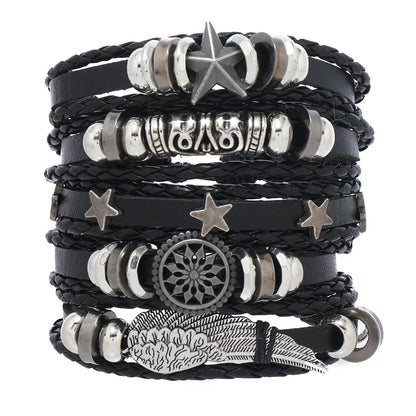 Men's Viking Leather Bracelet Woven Skull Adjustable Cuff
