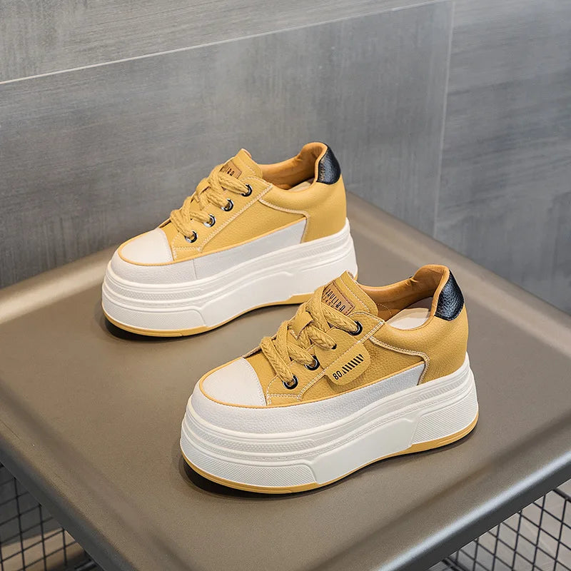 Fujin Women's Platform Sneakers – 9cm Genuine Leather High Heel Casual Shoes
