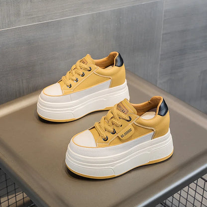 Fujin Women's Platform Sneakers – 9cm Genuine Leather High Heel Casual Shoes
