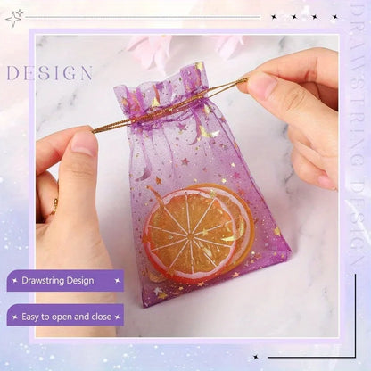 Moon & Stars Drawstring Organza Gift Bags | 50pcs Gold Star Favor Pouches for Weddings & Christmas