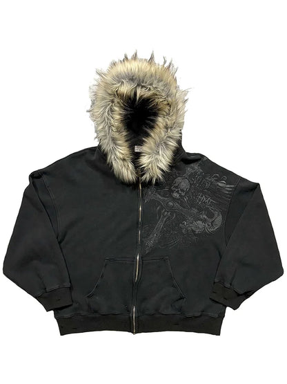 Women's Y2K Faux Fur Collar Pullover Hoodie – Gothic Graphic Sweatshirt