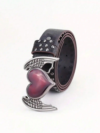 Women's Y2K Punk Gothic Rose Essential Oil Leather Belt | Rivet Heart Drop Spring Summer Waist Accessory
