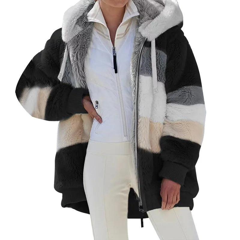 Women's Oversized Hooded Plush Jacket – Warm Zip-Up Streetwear Coat | S–5XL, 9 Colors