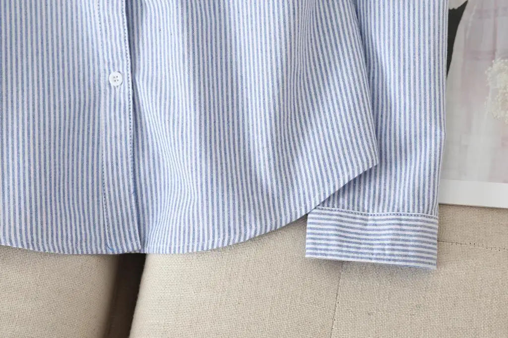 Women's Casual Cotton Oxford Shirt | Autumn Striped Blue & White Blouse & Top