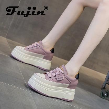 Fujin Women's Platform Sneakers – 9cm Genuine Leather High Heel Casual Shoes