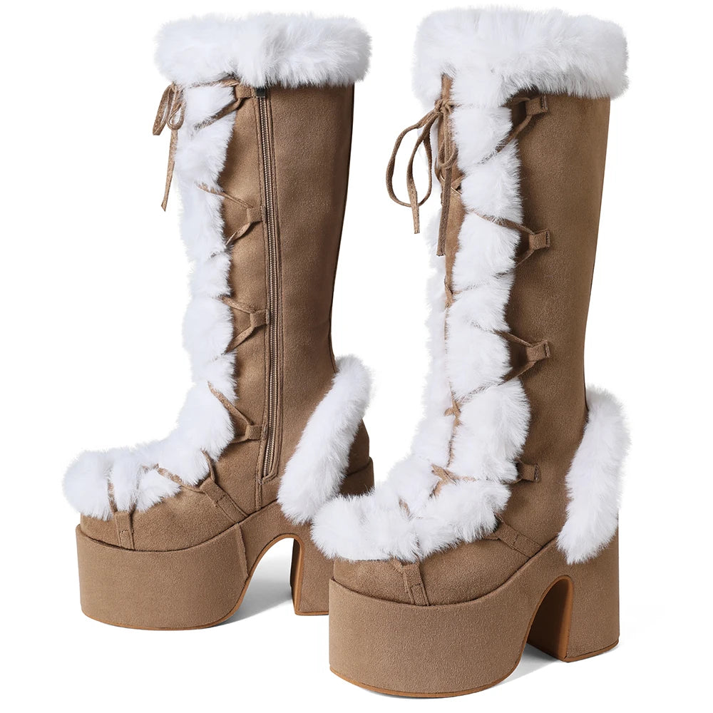 Faux Fur Trim Platform Knee High Boots for Women