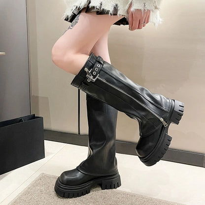 LEDP Women's Platform Biker Boots – Belt Buckle Mid-Calf Zip-Up Winter Boots