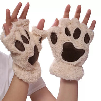 Cat Paw Plush Mittens – Cute Fingerless Fluffy Gloves for Women