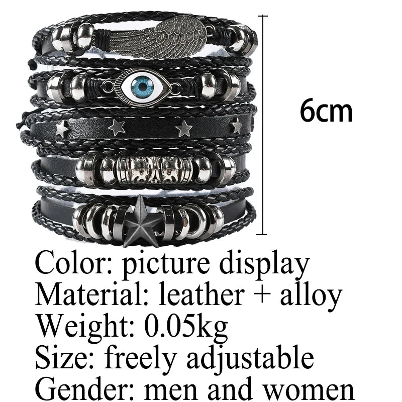 Punk Skull & Star Bracelet Set | 6pcs Unisex Alloy & PU Leather Chain Bracelets