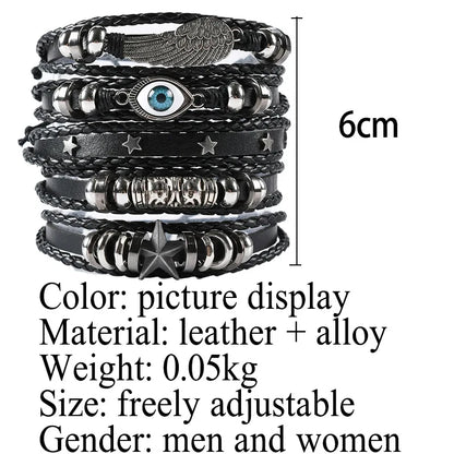 Punk Skull & Star Bracelet Set | 6pcs Unisex Alloy & PU Leather Chain Bracelets