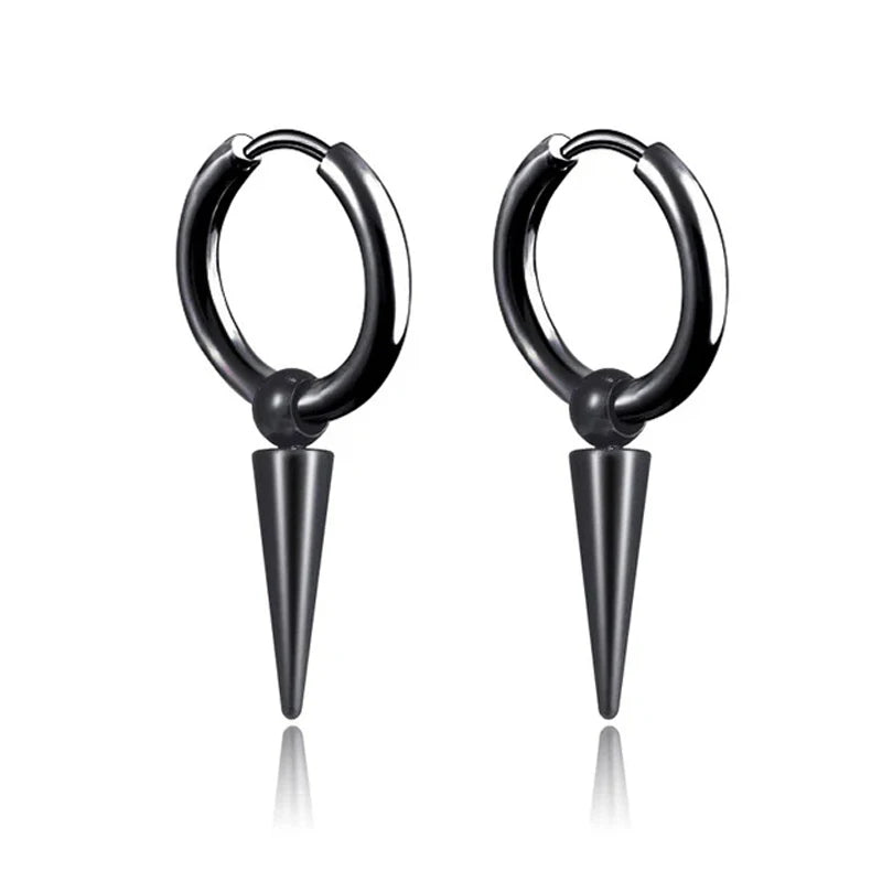Unisex Rock Cone Pendant Hoop Earrings | Stainless Steel Geometric Cartilage Hip Hop Piercing Jewelry