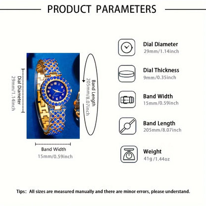 Women's 6PCS Elegant Jewelry & Watch Set | Blue Rhinestone Quartz Wristwatch with Fashion Accessories