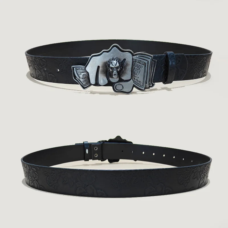 Men's Gothic Punk Skull Embossed Leather Belt Skeleton Reaper and Snake Designs