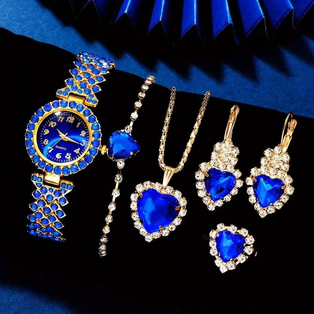 Women's 6PCS Elegant Jewelry & Watch Set | Blue Rhinestone Quartz Wristwatch with Fashion Accessories