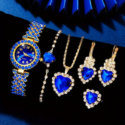 Women's 6PCS Elegant Jewelry & Watch Set | Blue Rhinestone Quartz Wristwatch with Fashion Accessories