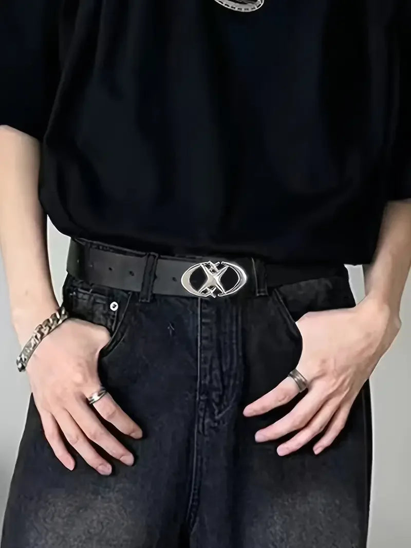 Oval Cross Metal Buckle Belt – Minimalist Unisex PU Belt for Men & Women