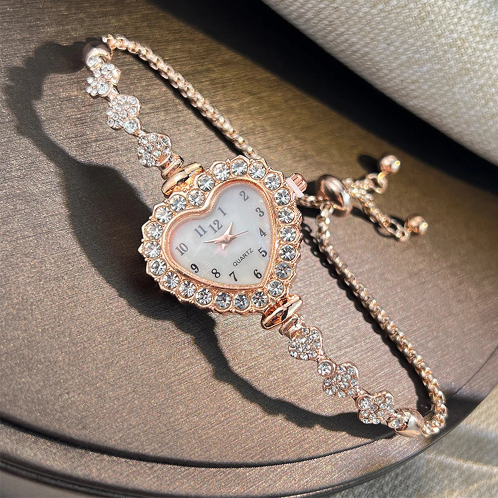 Women's Heart-Shaped Ribbon Strap Diamond Watch | Adjustable Bracelet Fashion Wristwatch