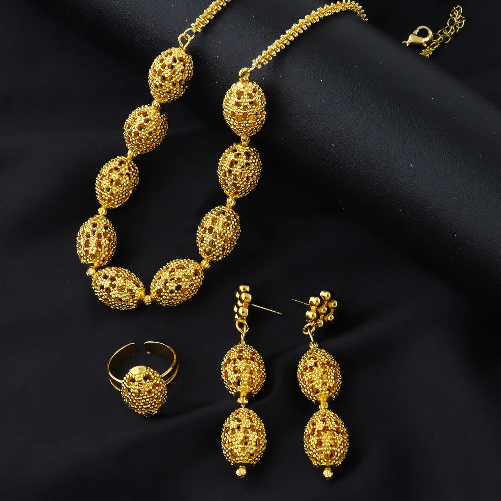 Women's Indian African Ethiopian Jewelry Set | Gold Color Hollow Oval Necklace, Earrings & Ring