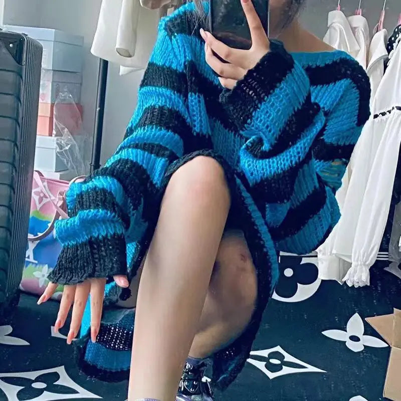 Women's Punk Gothic Hollow Out Sweater | Unisex Striped Loose Rock Dark Streetwear Top