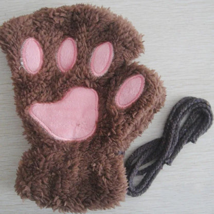 Cat Paw Plush Mittens – Cute Fingerless Fluffy Gloves for Women