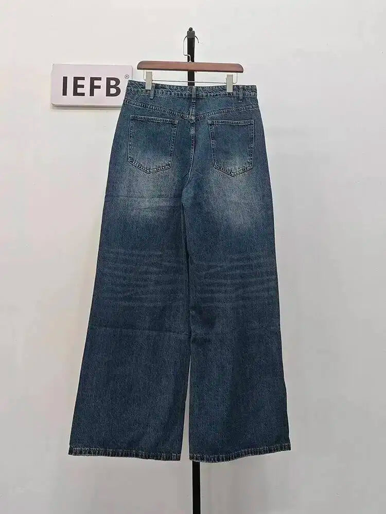IEFB Summer Men's Denim Pants Old Blue Washed Male Jeans Straight Casual Menwear Loose Wide Leg Trousers New Fashion 9C354