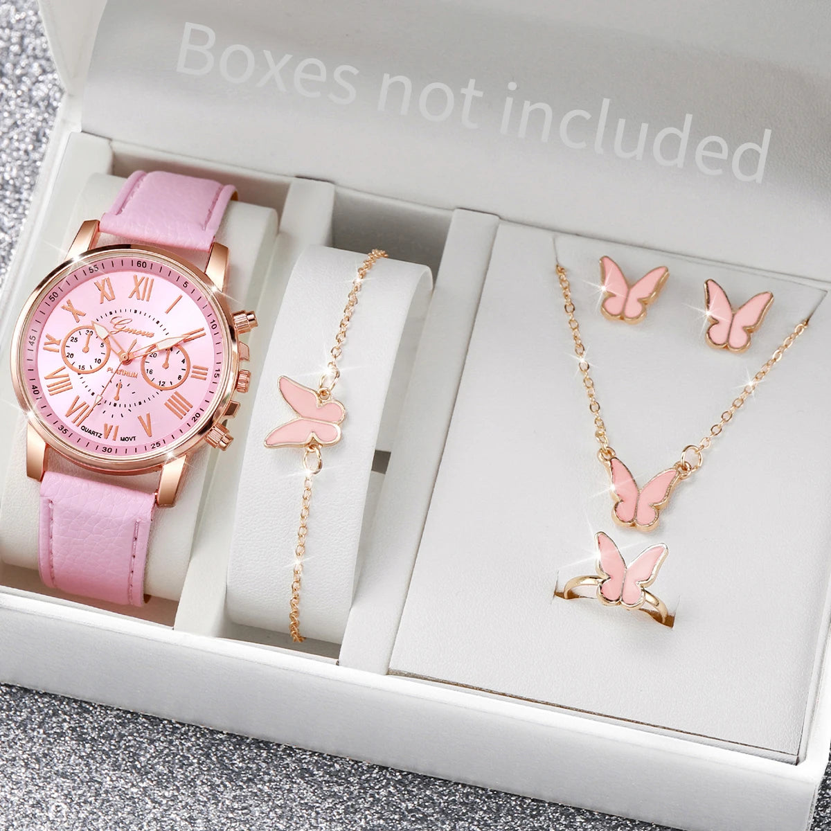 Women's Fashion Quartz Watch & Jewelry Set | 5/6pcs Heart Rhinestone Leather Band Wristwatch