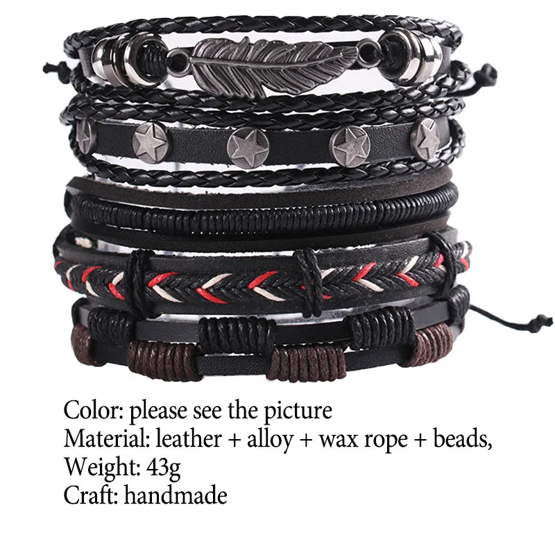 Men's Viking Leather Bracelet Woven Skull Adjustable Cuff