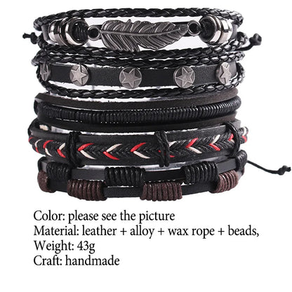 Men's Viking Leather Bracelet Woven Skull Adjustable Cuff