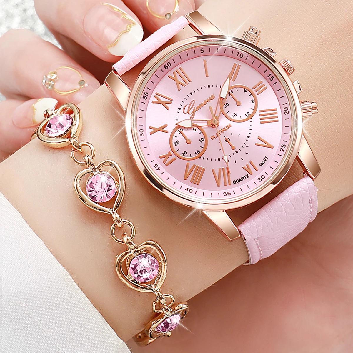 Women's Fashion Quartz Watch & Jewelry Set | 5/6pcs Heart Rhinestone Leather Band Wristwatch