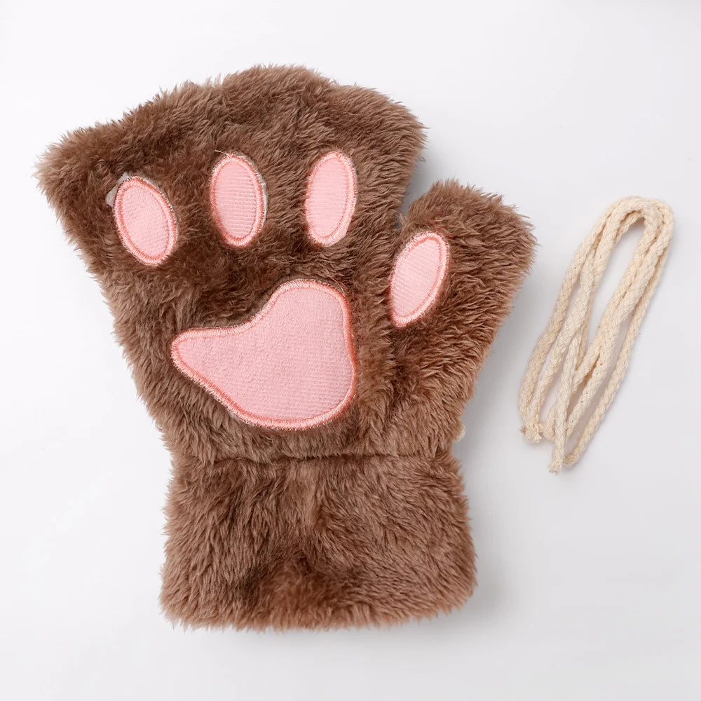 Cat Paw Plush Mittens – Cute Fingerless Fluffy Gloves for Women