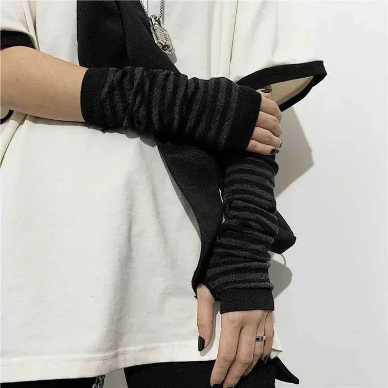 Unisex Gothic Lolita Arm Warmers | Harajuku Striped Fingerless Punk Long Wristband Y2K Gloves