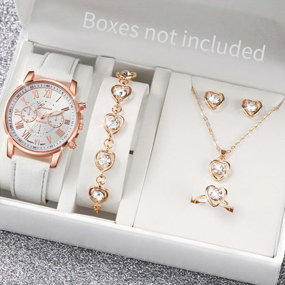 Women's Fashion Quartz Watch & Jewelry Set | 5/6pcs Heart Rhinestone Leather Band Wristwatch