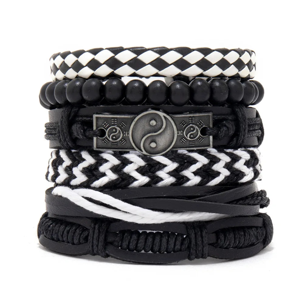 Men's Viking Leather Bracelet Woven Skull Adjustable Cuff