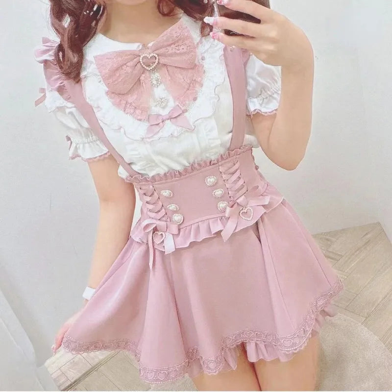 Japanese Gothic Lolita A-Line Mini Skirt – Sweet Kawaii Suspender Plaid | S–XL, Tops & Skirts