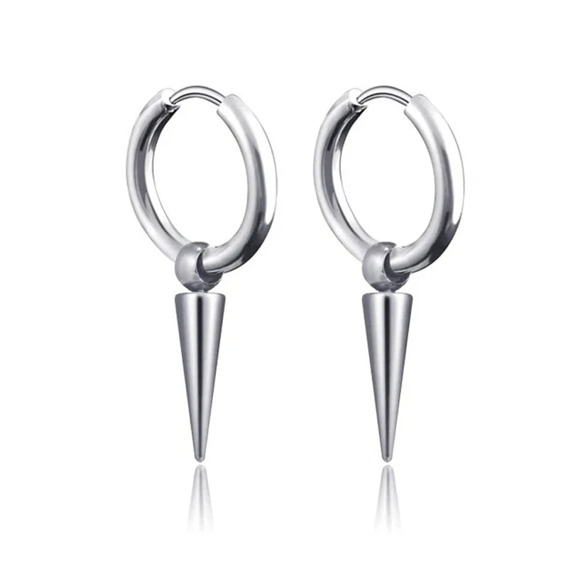 Unisex Rock Cone Pendant Hoop Earrings | Stainless Steel Geometric Cartilage Hip Hop Piercing Jewelry