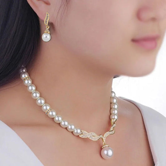 Women's 2-Piece Gold Pearl Jewelry Set | Elegant Necklace & Earrings for Wedding & Bridal