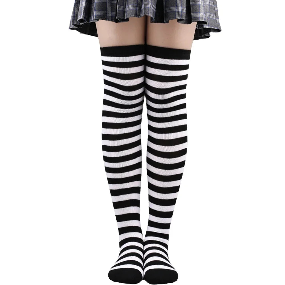 Women's Striped Thigh High Stockings | Black, White & Pink Over-Knee Lolita Harajuku Y2K Socks
