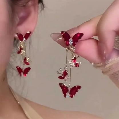 Women's Elegant Red Zircon Butterfly Drop Earrings | Sweet Metal Bow Fashion Jewelry for Girls