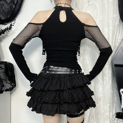 Women's Goth Dark Punk Fishnet Patchwork Off-Shoulder T-Shirt | Halter Crop Top Mall Gothic Streetwear