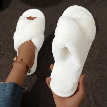 Cross Strap Fluffy Fur Slides for Women