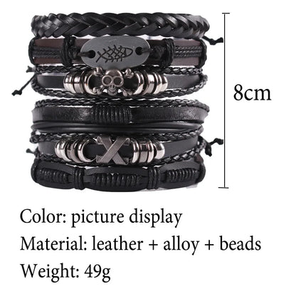 Men's Viking Leather Bracelet Woven Skull Adjustable Cuff