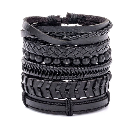 Men's Viking Leather Bracelet Woven Skull Adjustable Cuff