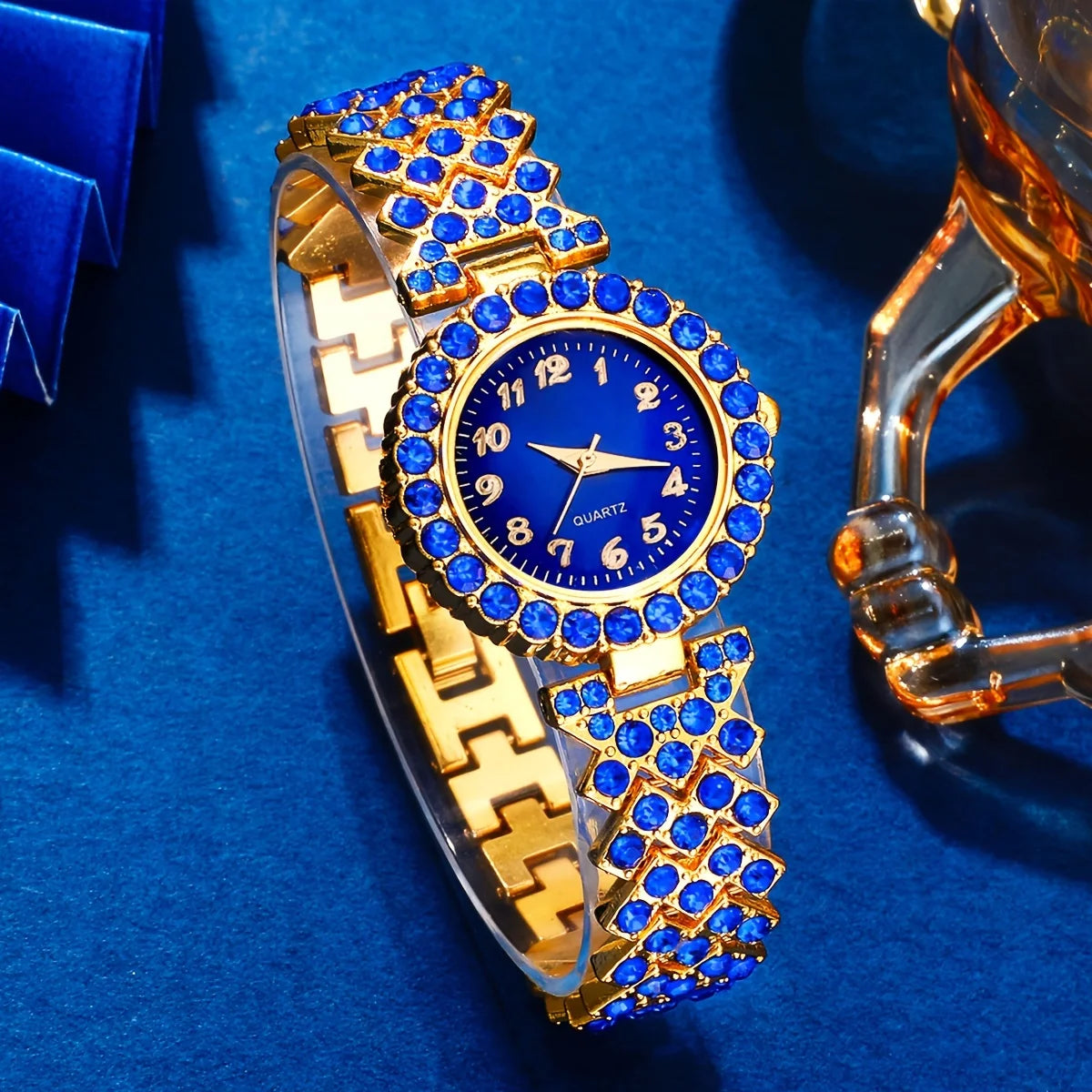 Women's 6PCS Elegant Jewelry & Watch Set | Blue Rhinestone Quartz Wristwatch with Fashion Accessories