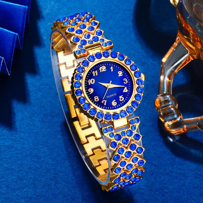 Women's 6PCS Elegant Jewelry & Watch Set | Blue Rhinestone Quartz Wristwatch with Fashion Accessories