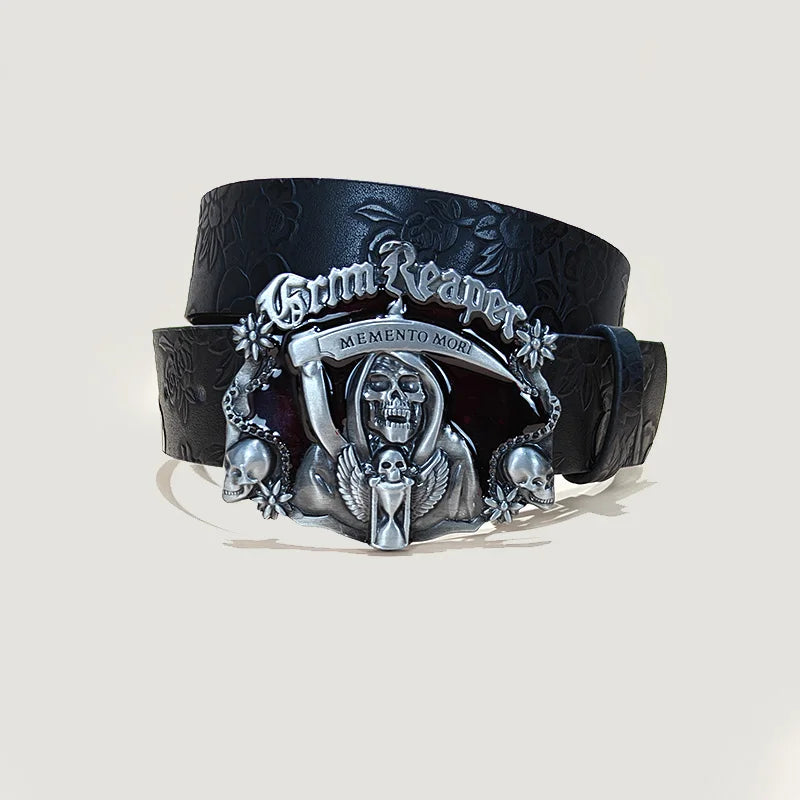 Men's Gothic Punk Skull Embossed Leather Belt Skeleton Reaper and Snake Designs