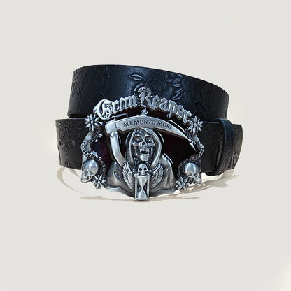 Men's Gothic Punk Skull Embossed Leather Belt Skeleton Reaper and Snake Designs