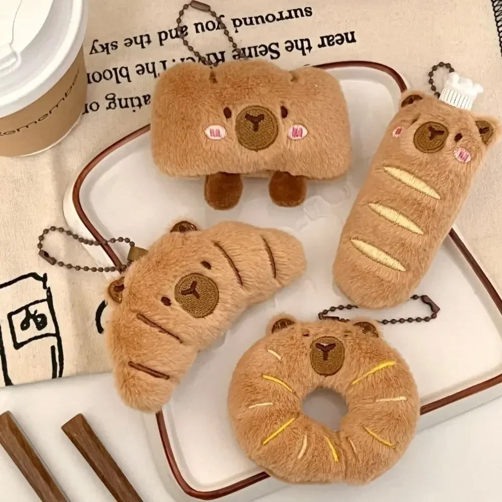 Cartoon Capybara & Croissant Plush Keychain | Soft Bread Food Stuffed Hanging Accessory